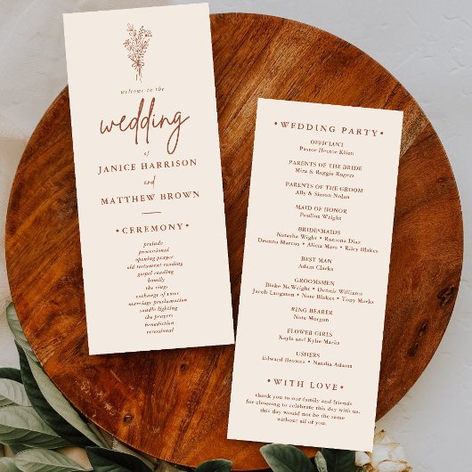 Programme de mariage Boho Terracotta Orange Brûlé