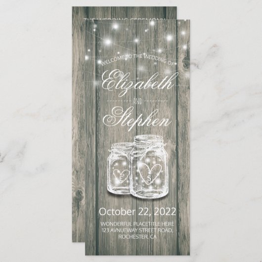 Programme de mariage Bois rustique Mason Jar Strin (Devant / Derrière)