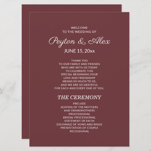 Programme de mariage bordeaux à deux faces Fête nu (Devant / Derrière)