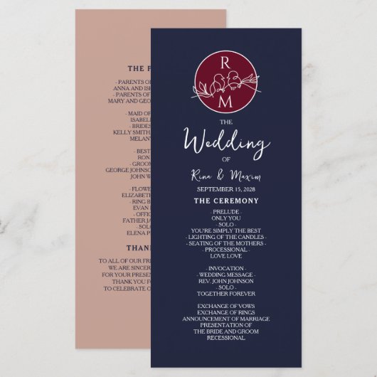 Programme de mariage bordeaux et bleu marine (Devant / Derrière)