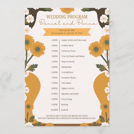 Programme de mariage – Bordure florale jaune et bl (Devant)