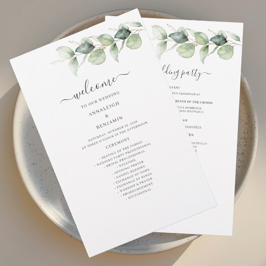 Programme de mariage botanique à feuillage d'eucal