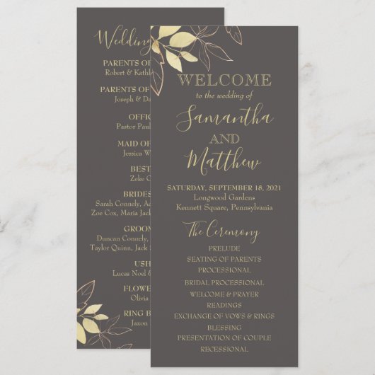 Programme de mariage botanique à feuillage gris et (Devant / Derrière)
