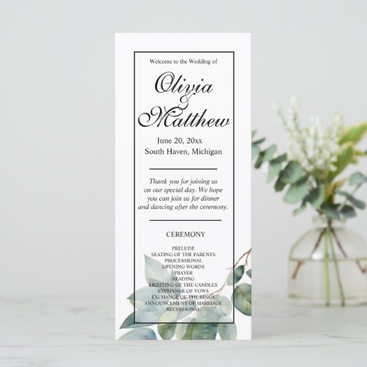 Programme de mariage botanique de verdure d'aquare (Debout devant)