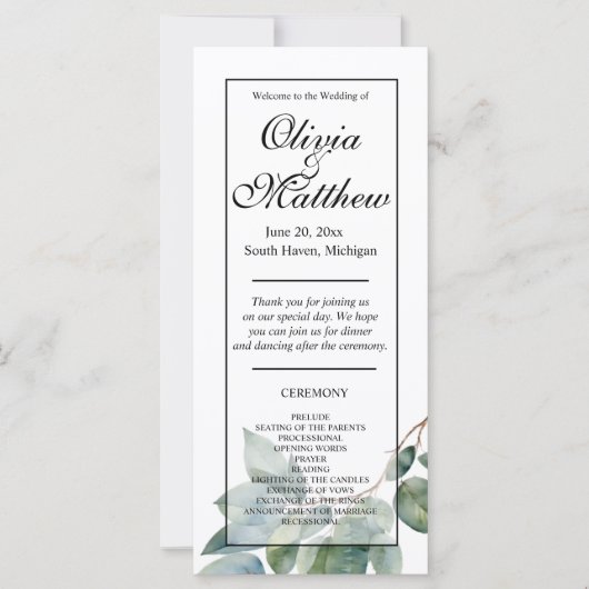 Programme de mariage botanique de verdure d'aquare (Devant)