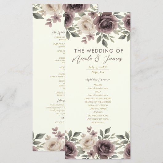 Programme de mariage botanique Dusty Mauve Ivory B (Devant / Derrière)