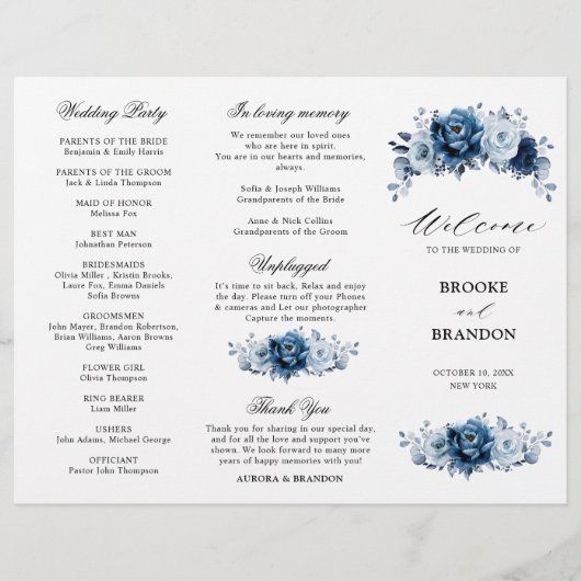 Programme de mariage botanique en ardoise bleu pou (Devant)