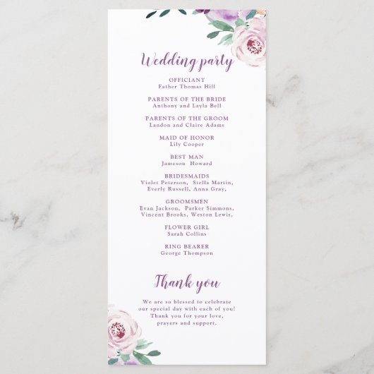Programme de mariage botanique violet fleuri flori (Dos)