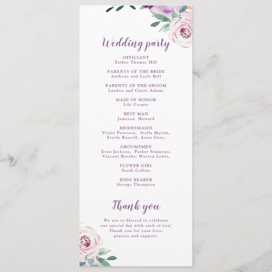Programme de mariage botanique violet fleuri flori (Dos)