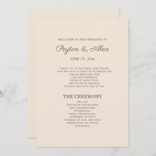 Programme de mariage Brown à la crème moderne (Devant / Derrière)