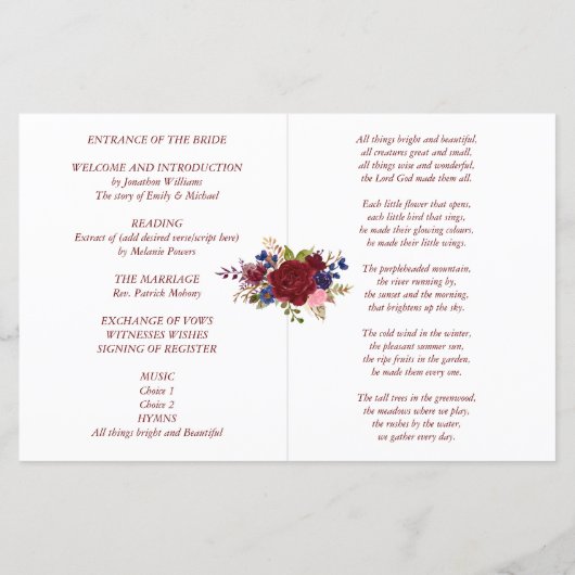 Programme de mariage budgétaire Fleurs Roses Bleue (Dos)