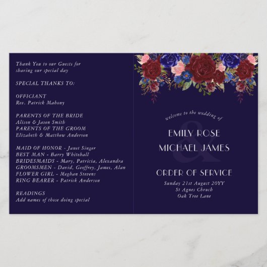 Programme de mariage budgétaire Fleurs Roses Bleue (Devant)