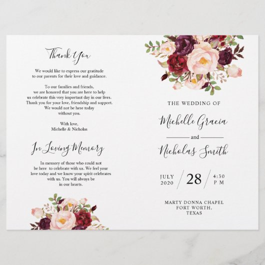 Programme de mariage Burgundy Aquarelle Floral, FO (Devant)
