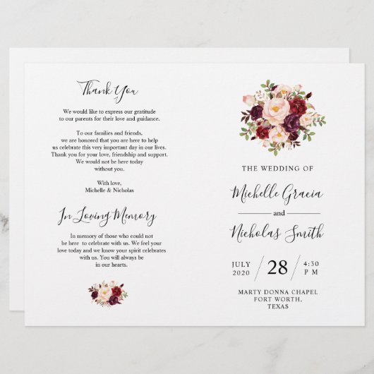 Programme de mariage Burgundy Aquarelle Floral, FO (Devant / Derrière)