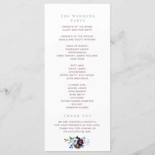 programme de mariage burgundy bleu pâle (Dos)