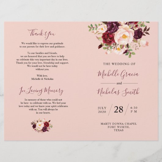 Programme de mariage Burgundy Blush Aquarelle Flor (Devant)