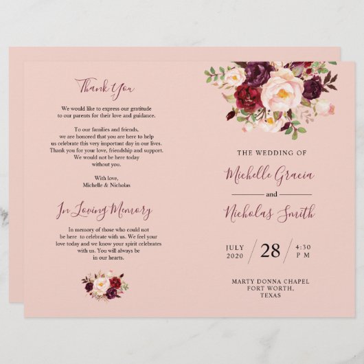 Programme de mariage Burgundy Blush Aquarelle Flor (Devant / Derrière)