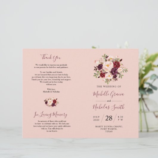 Programme de mariage Burgundy Blush Aquarelle Flor (Debout devant)
