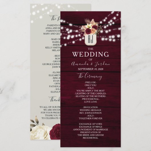 Programme de mariage burgundy Fleurs rustiques (Devant / Derrière)