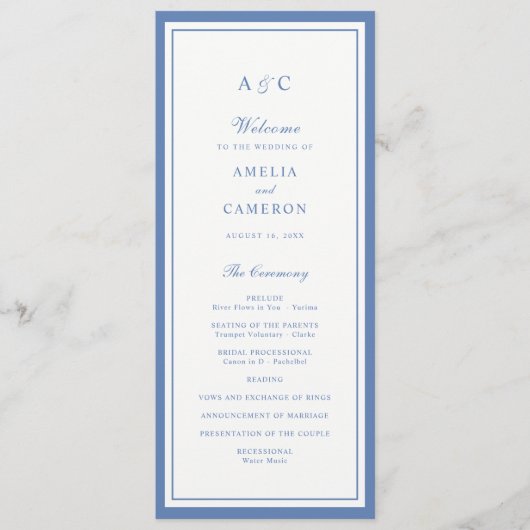 Programme de mariage cadre bleu poussiéreux élégan (Devant)