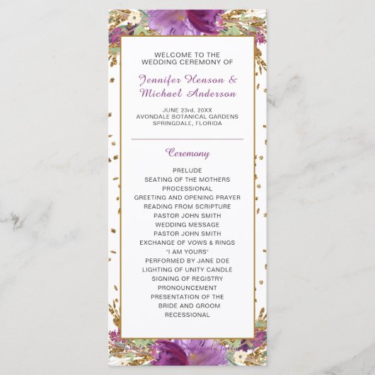 Programme de mariage cadre paillettes or améthyste (Devant)