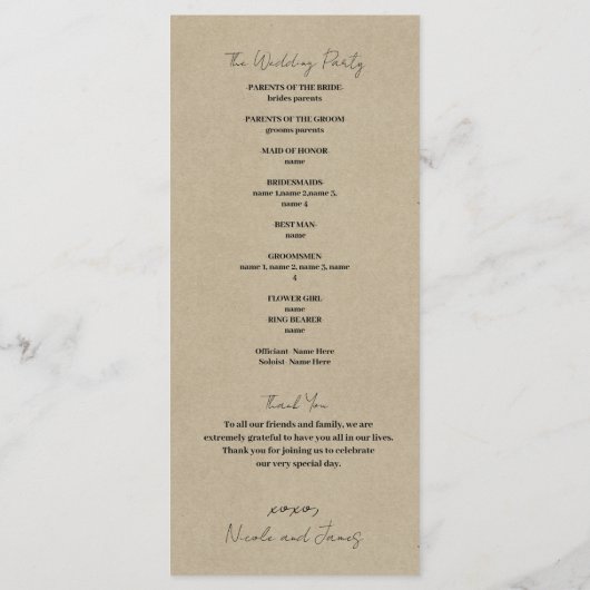 Programme de Mariage campagnard à la crème Brown (Dos)