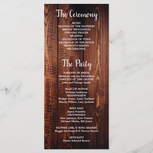 Programme de mariage campagnard de script de bois  (Dos)