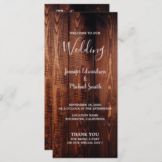 Programme de mariage campagnard de script de bois  (Devant / Derrière)