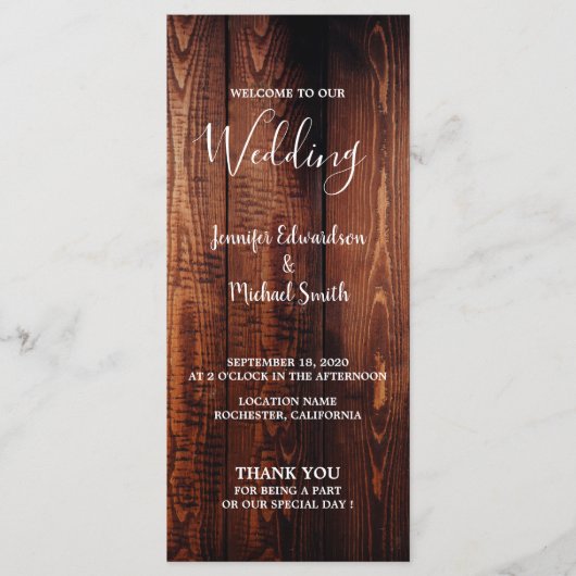 Programme de mariage campagnard de script de bois  (Devant)