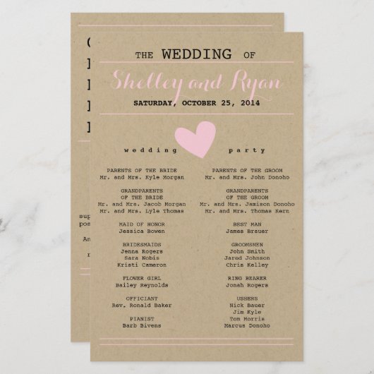 Programme de mariage cardiaque simple (Devant / Derrière)