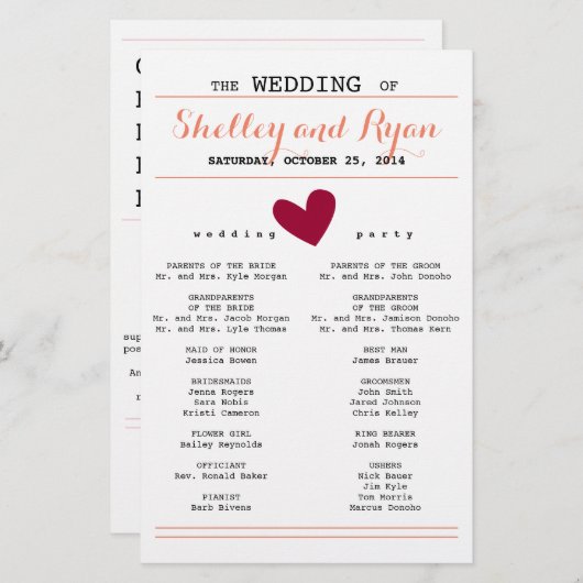 Programme de mariage cardiaque simple (Devant / Derrière)