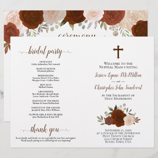 Programme de mariage catholique DIY Roses d'Automn (Devant / Derrière)
