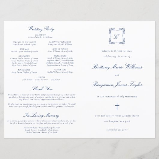 Programme de Mariage Catholique Orné Bleu Marine (Devant)