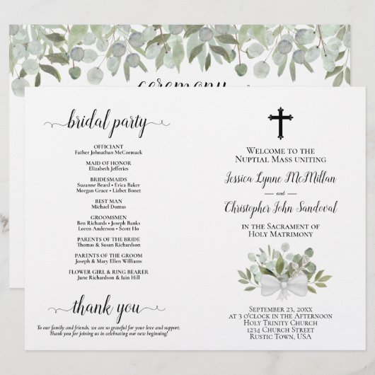 Programme de mariage catholique pliable DIY Eucaly (Devant / Derrière)