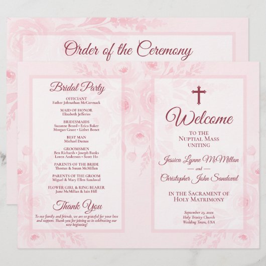 Programme de mariage catholique pliable DIY floral (Devant / Derrière)