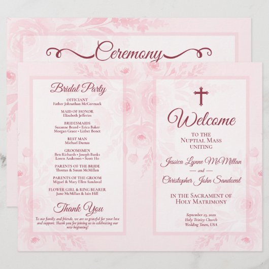 Programme de mariage catholique pliable DIY floral (Devant / Derrière)