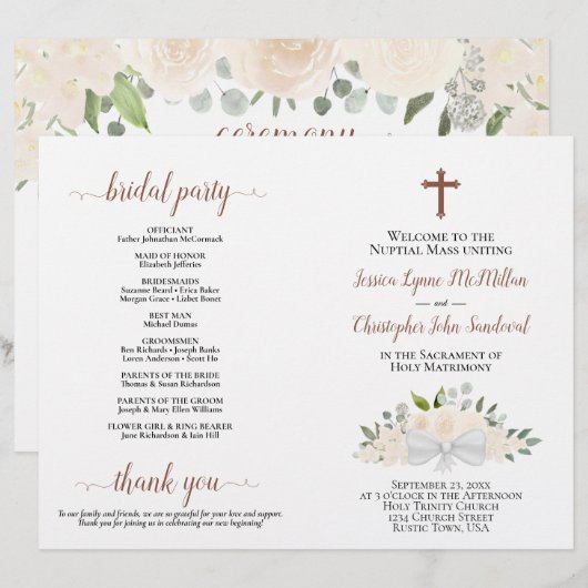 Programme de mariage catholique pliable DIY Roses (Devant / Derrière)