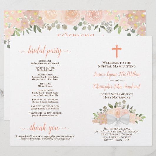Programme de mariage catholique pliable DIY Roses (Devant / Derrière)