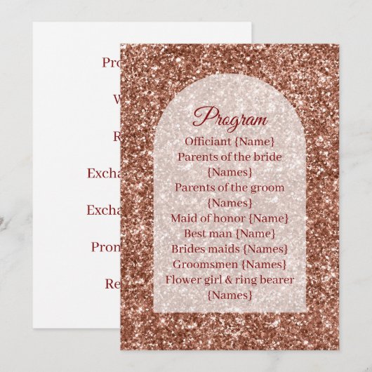 Programme de Mariage Cérémonie Rose Gold Pailleté  (Devant / Derrière)