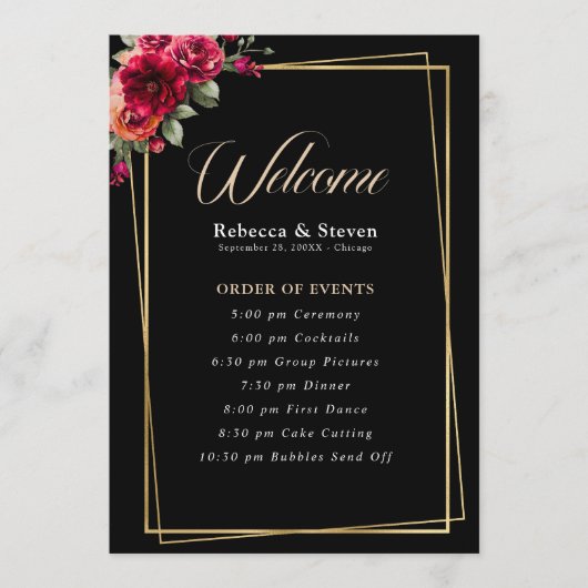 Programme de mariage chic rouge noir floral (Devant)