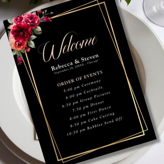 Programme de mariage chic rouge noir floral