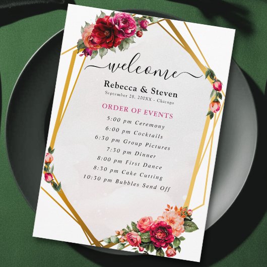 Programme de mariage chic rouge rose floral et or 