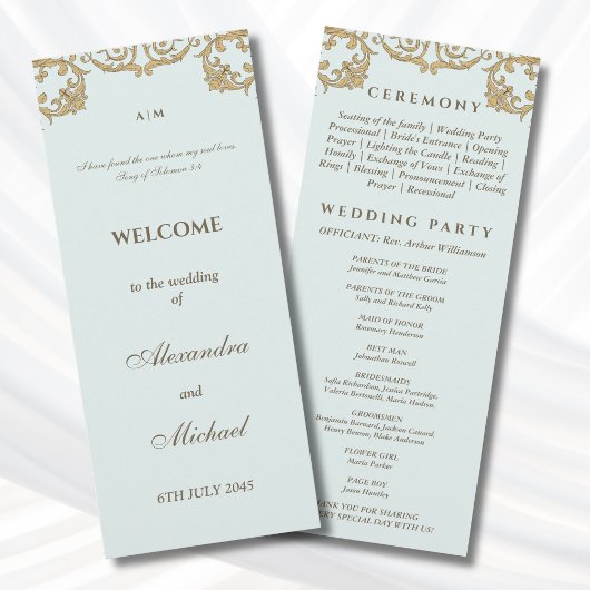Programme de mariage chrétien baroque vintage bleu