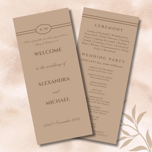 Programme de mariage chrétien Brun Taupe Monogramm