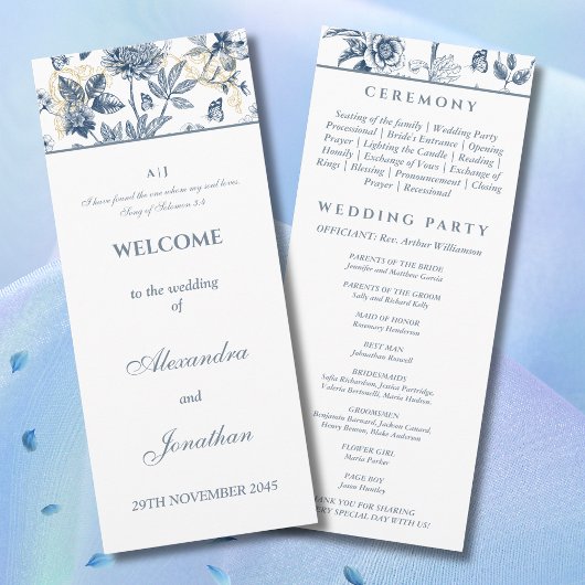 Programme de mariage chrétien en bleu poussiéreux