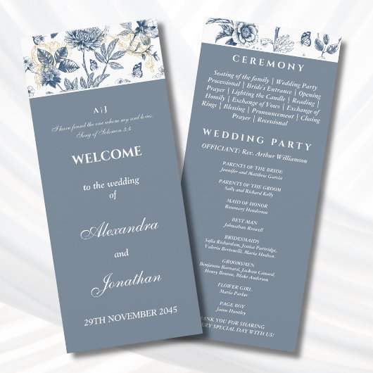 Programme de mariage chrétien en bleu poussiéreux