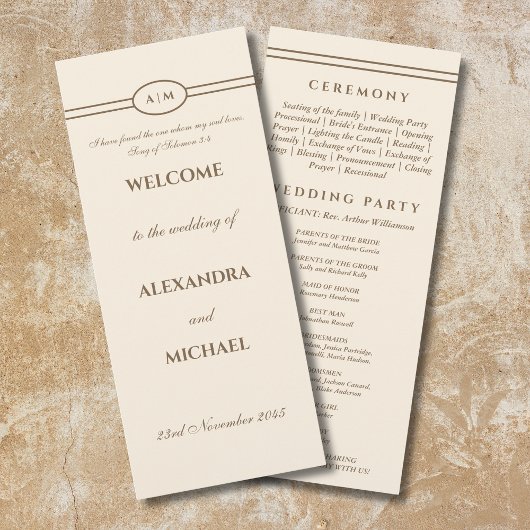 Programme de mariage chrétien en crème marron mono