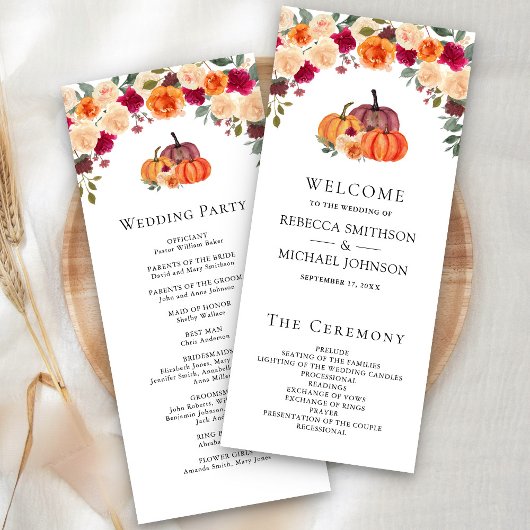 Programme de mariage citrouille florale orange brû