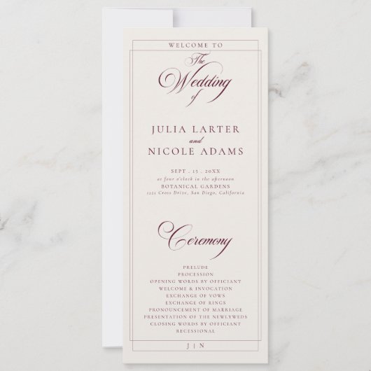 Programme de mariage classique calligraphié en ivo (Devant)