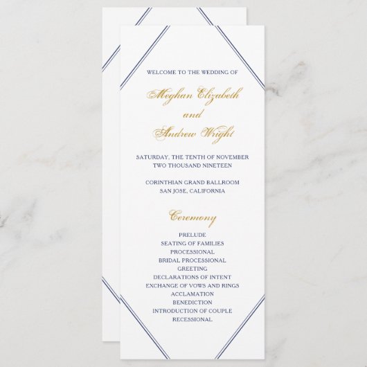 Programme de mariage classique d'or et de marine (Devant / Derrière)